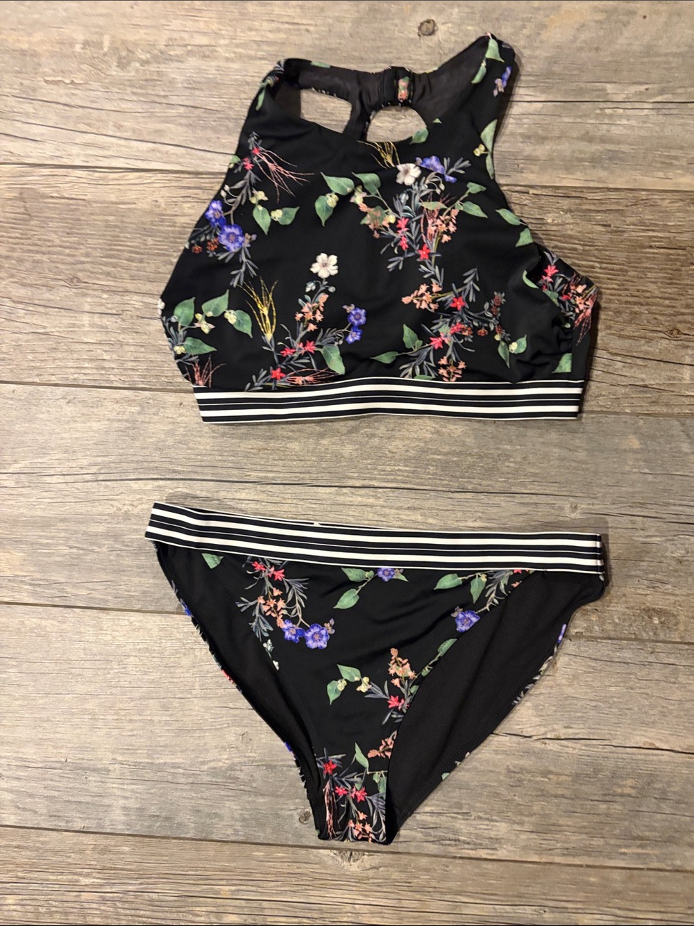 Athleta black floral print bikini top 36 B/C & bottom Sz L